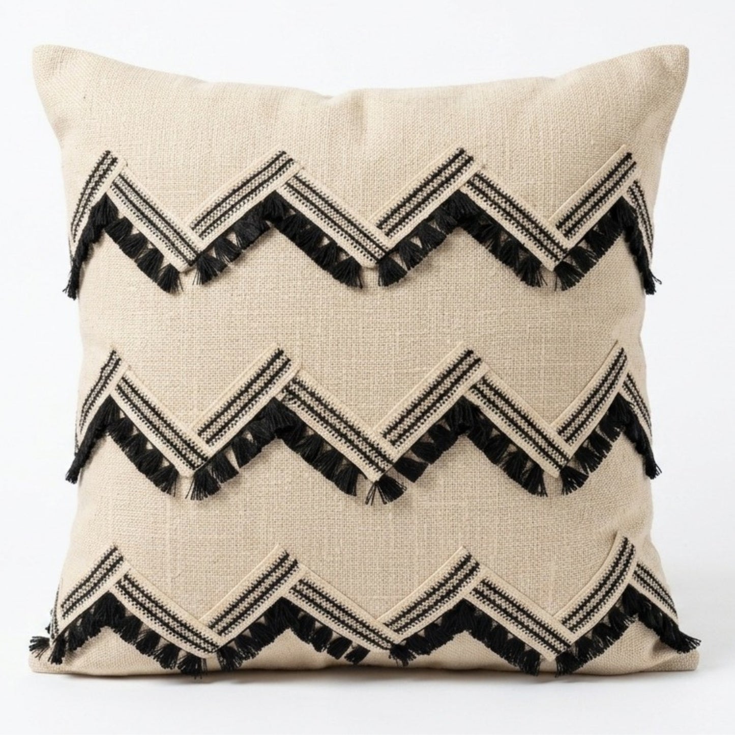 Luxury cotton cushion cover with chevron trim and tassel embellishment