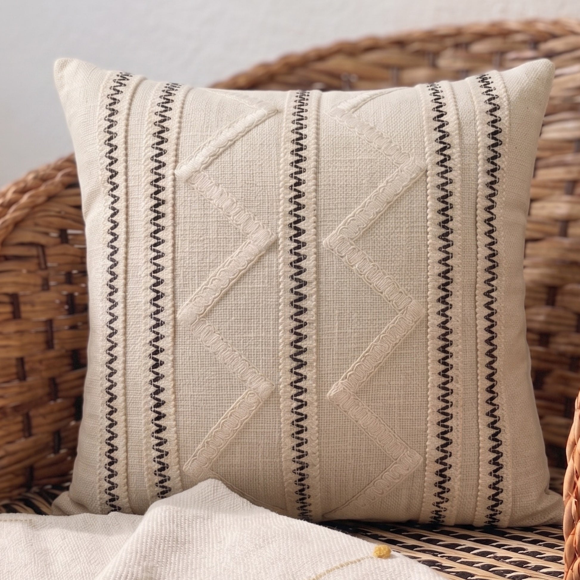 Handmade cotton cushion cover with geometric embellishment for modern home décor