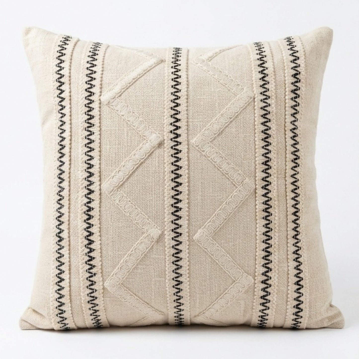 Luxury cotton cushion cover with embellished geometric pattern in neutral tones