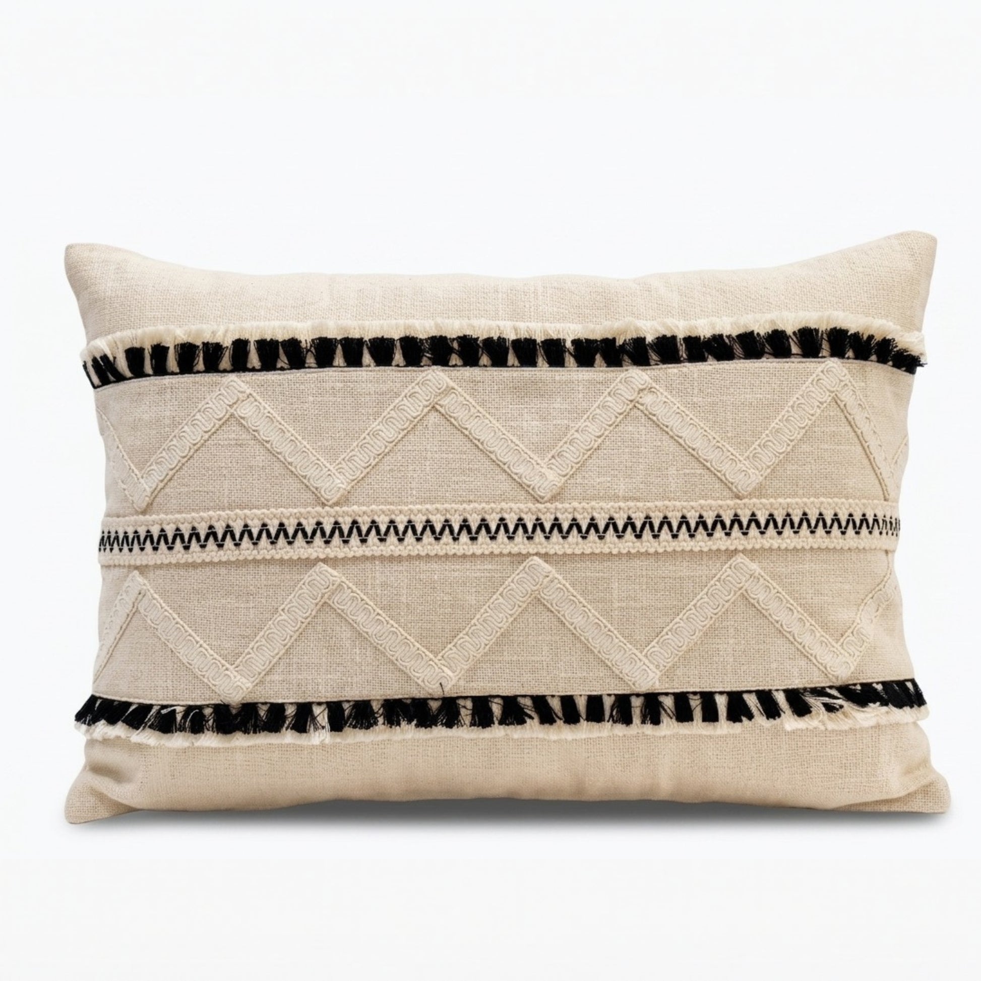 cotton lumbar cushion cover with chevron embellishment and tassel trim