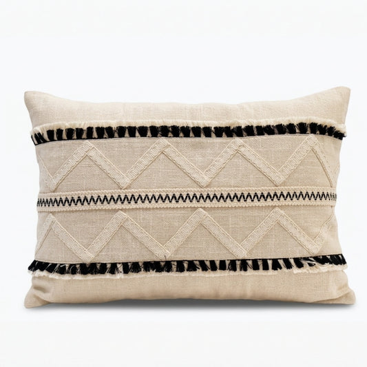 cotton lumbar cushion cover with chevron embellishment and tassel trim
