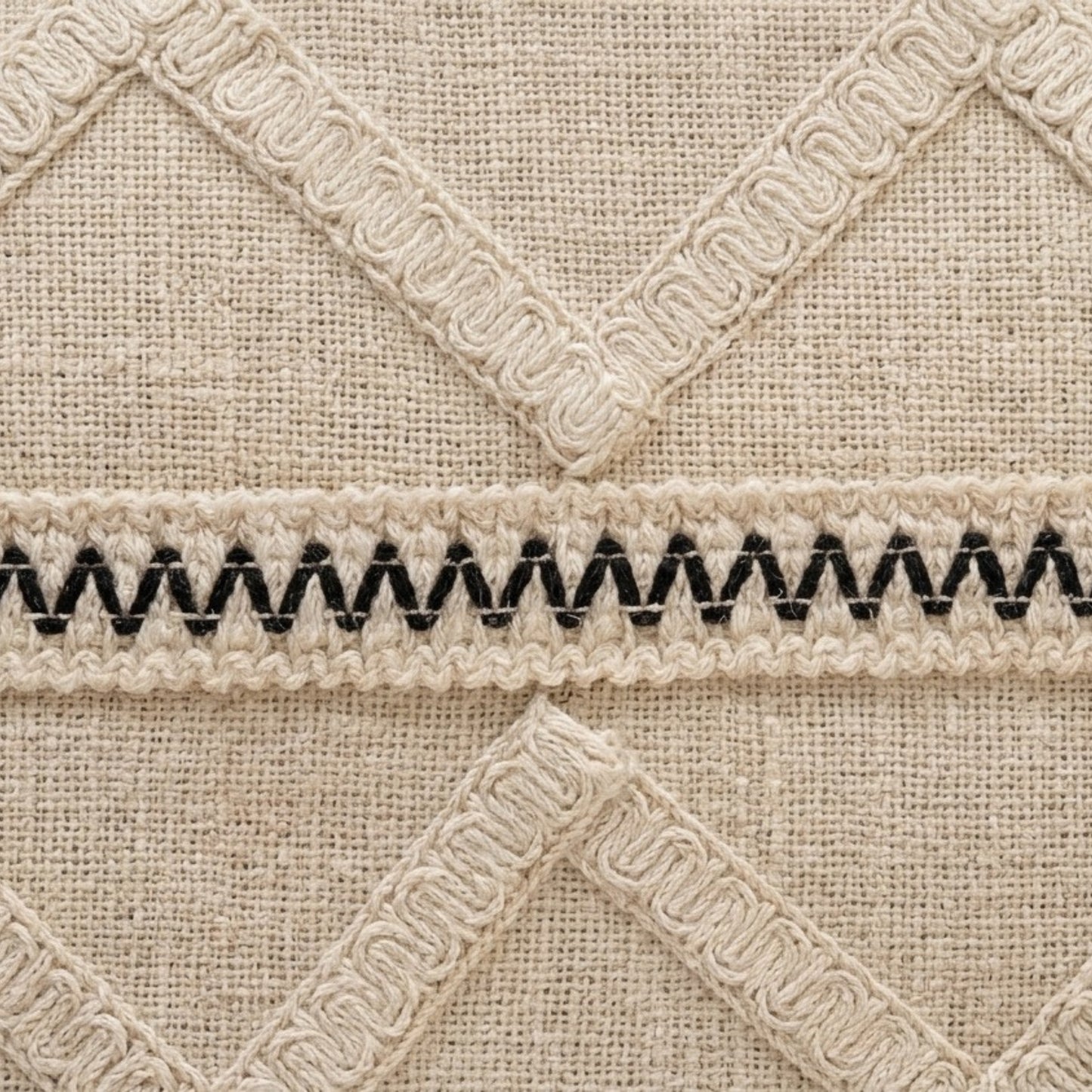 Close-up of decorative lace trim on a textured fabric background