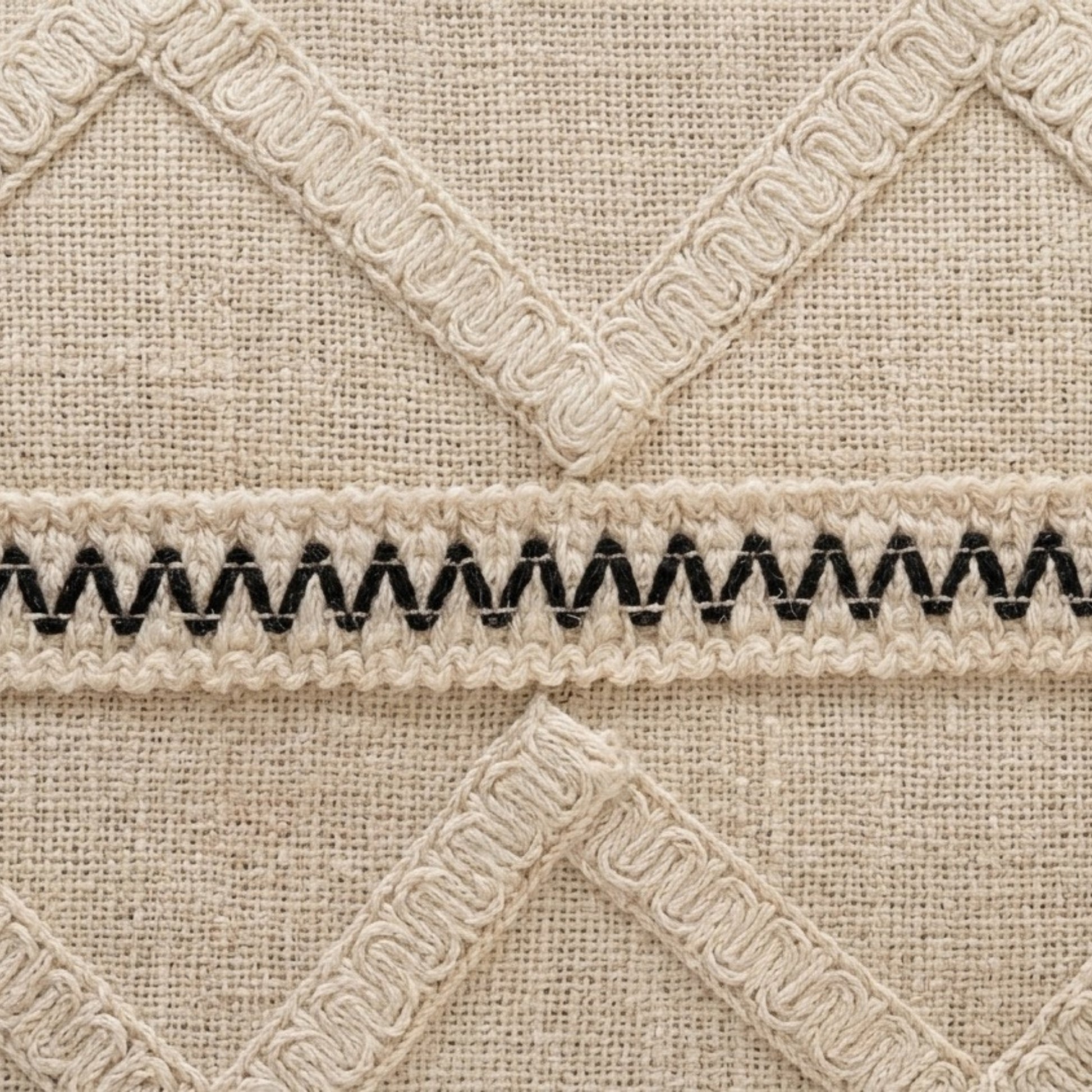 Close-up of decorative lace trim on a textured fabric background