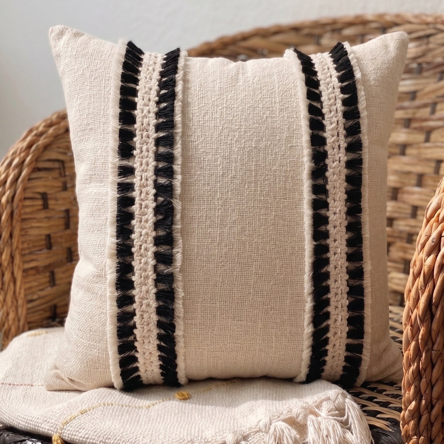 Beige pillow with black fringe on a wicker chair