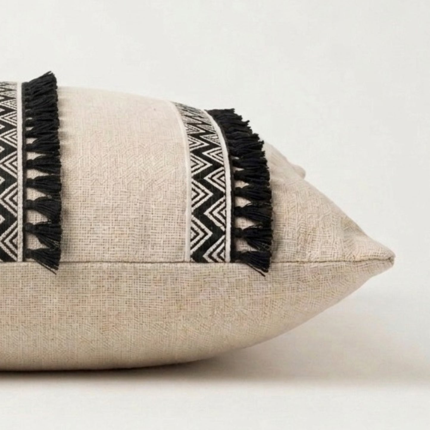 Monochrome decorative throw pillow with tassel embellishment